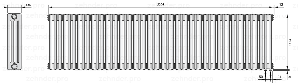 Схема (чертеж) Радиатор Zehnder Charleston 4110/48 №5510 Белый глянцевый RAL 9016